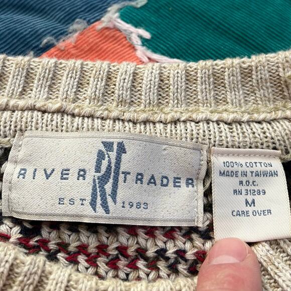 Vintage River Traders Plaid Cream Red and Navy Blue Sweater Medium - Picture 3 of 6